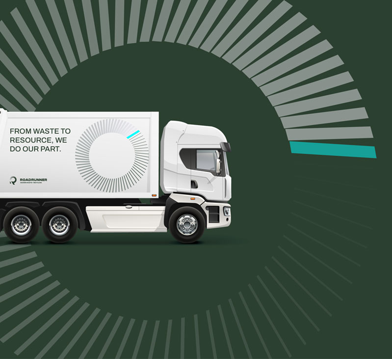 RoadRunner truck with Branding by Four Fin, saying from waste to resource we do our part