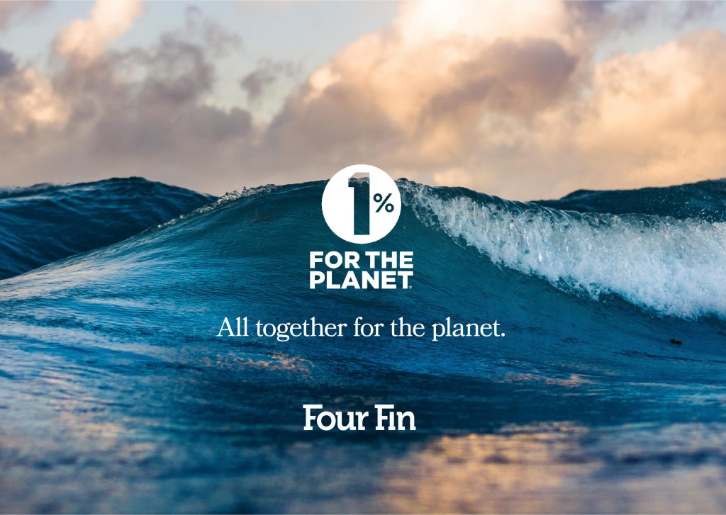 Background imagery of waves of an ocean, with the 1% for the Planet and Four Fin logos in white on the foreground